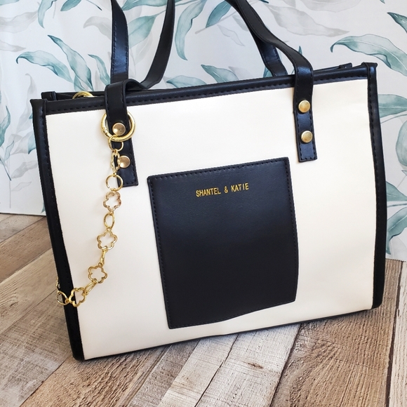 SHANTEL & KATIE | Black & White Vegan Leather Bag w/ Gold Tone Accent Chain - Picture 1 of 10